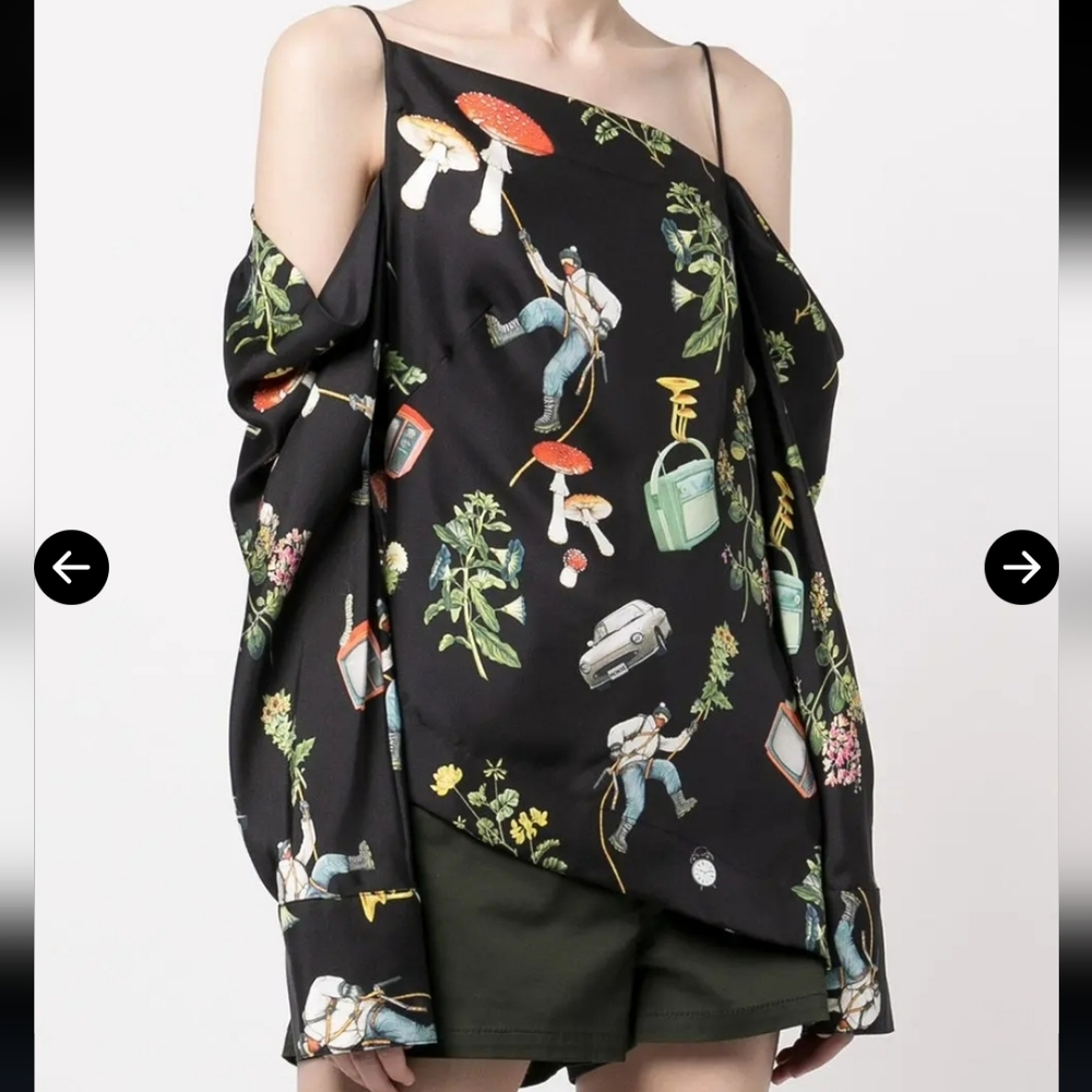 Monse Climbing High Print Draped Open Shoulder Silk Blouse Size 6